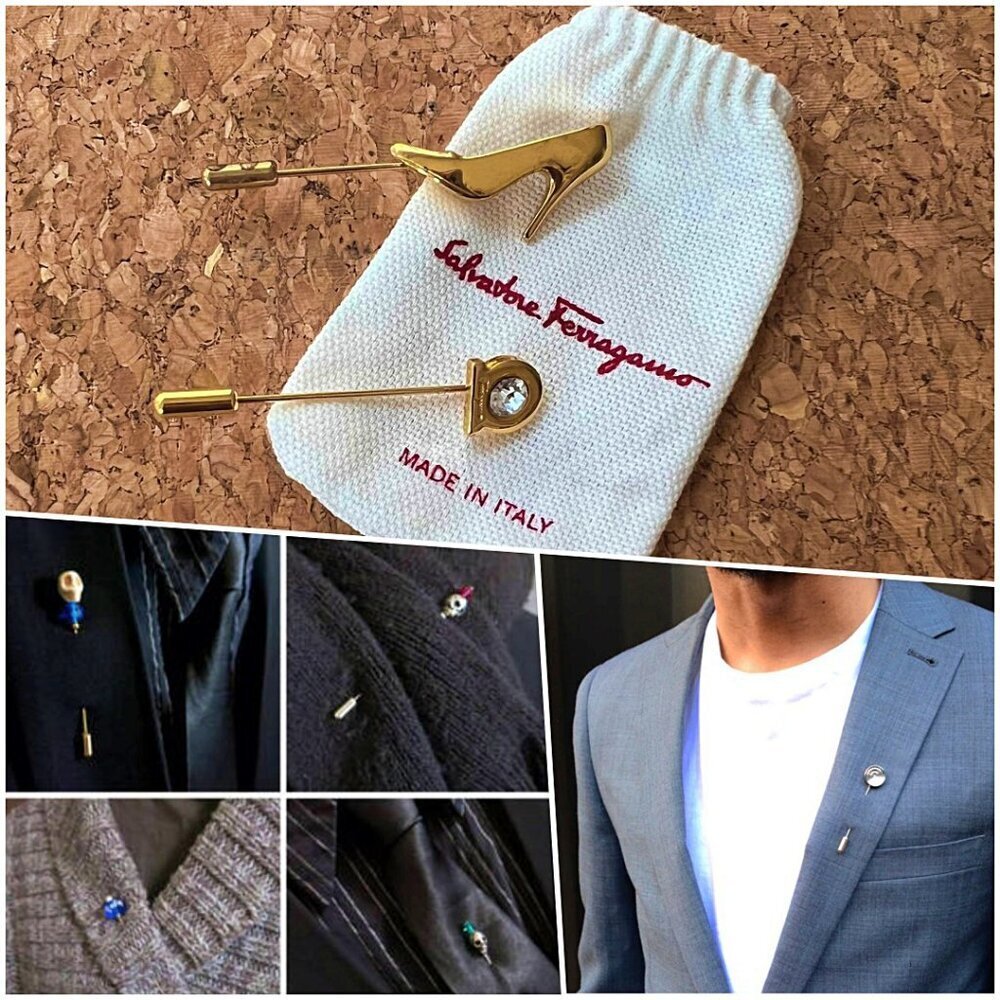 Ferragamo Mens 2 Gancini Gold Tone Lapel Scarf Tie Pin NWOT